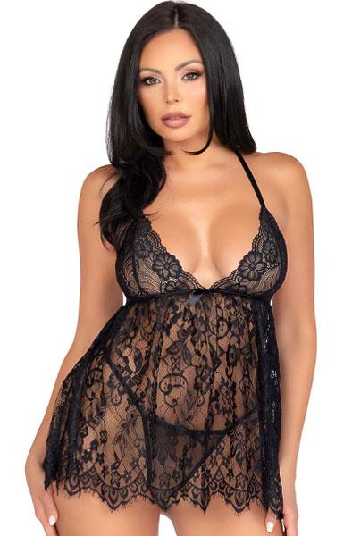 Floral Lace Babydoll & String Black M Babydoll