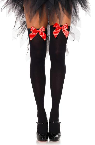 Nylon Thigh Highs With Bow Black/Red O/S Strumpbyxor