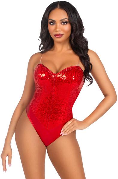 Sequin Boned Bodysuit Red S Body & Playsuits