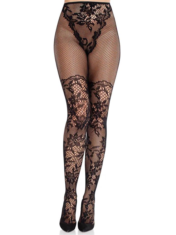 Dahlia Lace Tights With Net Thigh Detail Black O/S Strumpbyxor