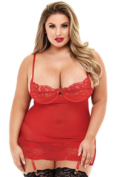 Baci Lingerie Open Cup Chemise With Garters Red Queen Size Sexiga underkläder