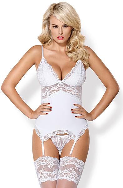 Obsessive 810-COR-2 Corset & Thong White L/XL Korsett med stringtrosa