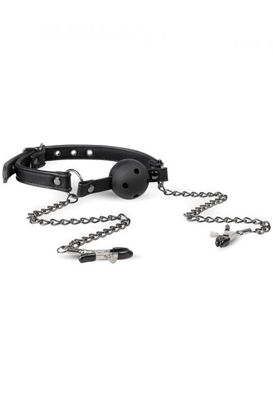 Easytoys Open Ball Gag With Nipple Clamps Gagball med bröstklämmor