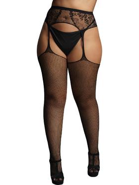 Le Désir Fishnet and Lace Garterbelt Stockings, One Size Plus