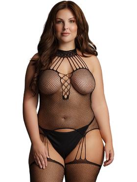 Le Désir Suspender Fishnet Choker Bodystocking, One Size Plus
