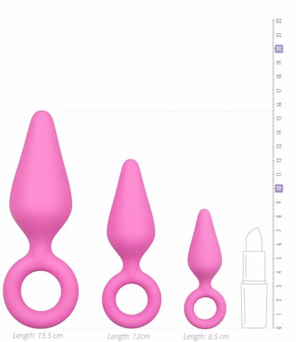 PINK Buttplugs With Pull Ring - Set med 3 analpluggar