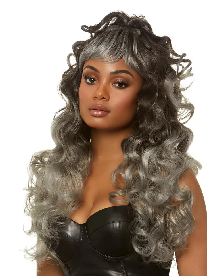 Long Curly Wispy Bang Wig Grey