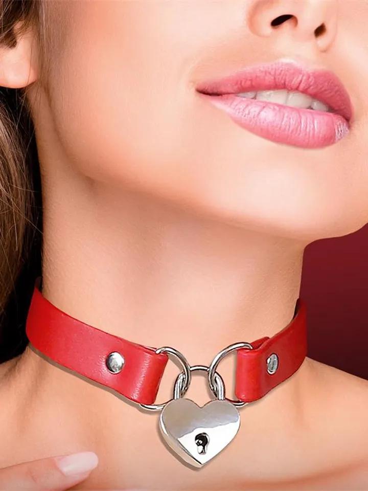 Collar With Heart Lock Vegan Leather Red Choker